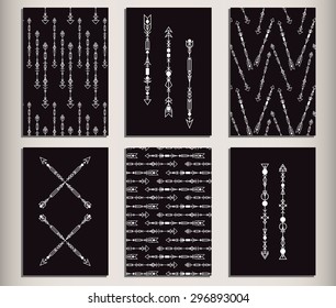 Arrows cards. Set of 6 black and white cards with minimalism geometric arrows. Trendy hipster style patterns. Vector greeting cards. Minimalism invitations. Arrows signs. Boho arrows. Ethnic arrows.