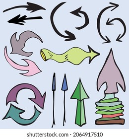 Arrows cartoon set, hand drawing illustration