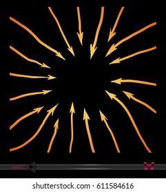 Arrows to the center. On a black background. Hand-drawing