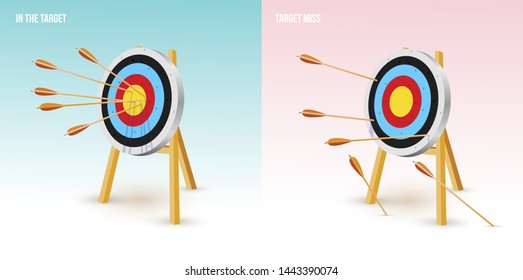 Arrows at the center of the target. Always dart in the target. And all miss the target goal. Failing to hit the target. Vector illustration. Isolated on white background.