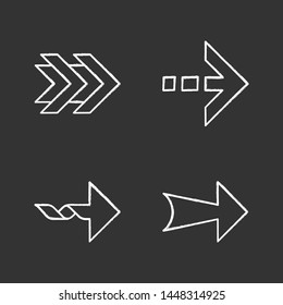 Arrows chalk icons set. Double, dotted, twisted, wide next. Arrowhead showing right direction. Pointing symbol. Pointer, indicator. Direction move. Isolated vector chalkboard illustrations