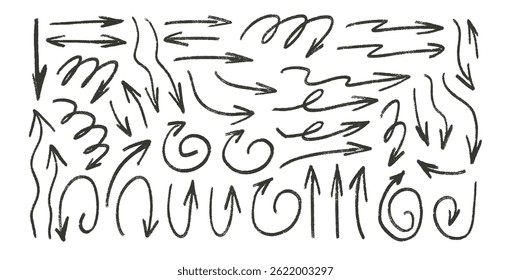 Arrows charcoal drawn. Straight and curved thin pointers doodle elements set. Scribble freehand arrow markers Vector illustration by pencil. Grunge chalk freehand graphic on white background.