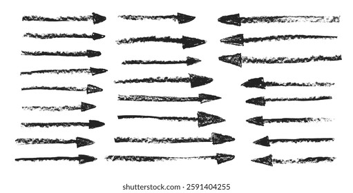 Arrows charcoal drawn. Straight thin pointers doodle elements set. Scribble freehand pastel arrow markers Vector illustration by pencil. Grunge chalk graphic freehand set isolated on white background.