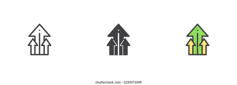 Fija el conjunto de iconos de estilos diferentes del gráfico. Línea, glifo y contorno relleno versión colorida, contorno y signo vectorial relleno. Símbolo, ilustración del logotipo. Gráficos vectoriales