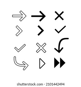 Arrows, check mark ,cross or x. Vector icon  with outline style and black color.