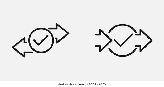 arrows check mark icon for distribution and quality control illustration. Aproved or successful of process or operations symbol.