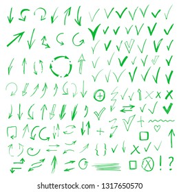 Arrows, check marks, signs. Hand drawn, doodle, sketch design elements set isolated on white background