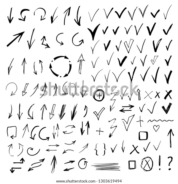 Arrows, check marks, signs.\
Hand drawn, doodle, sketch design elements set isolated on white\
background