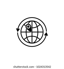 Arrows in the circle of the earth and a pin with a packing box icon. Element of logistic for mobile concept and web apps. Icon for website design and development icon on white background