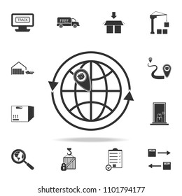 Arrows in the circle of the earth and a pin with a packing box icon. Detailed set of logistic icons. Premium graphic design. One of the collection icons for websites, web design on white background