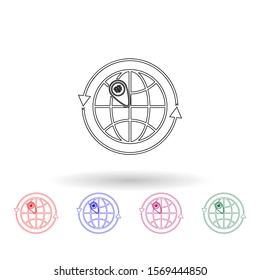 Arrows in the circle of the earth and a pin with a packing box multi color icon. Simple thin line, outline vector of logistic icons for ui and ux, website or mobile application