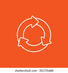 Arrows circle line icon for web, mobile and infographics. Vector white icon isolated on red background.