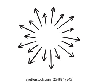 Arrows circle, round arrow hand drawn doodle. Splash, from the inside out, white background. Vector illustration
