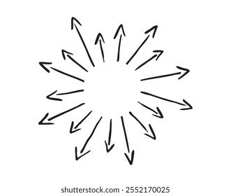 Arrows circle, round arrow hand drawn doodle. Splash, from the inside out, white background. Vector illustration