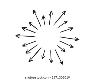 Arrows circle, round arrow hand drawn doodle. Splash, from the inside out, white background. Vector illustration