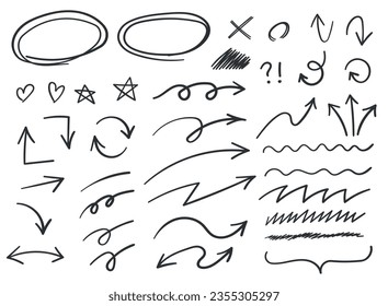 Arrows circles and abstract doodle icon in hand drawn style. Handmade painted vector illustration on isolated background. Scribble elements sign business concept.