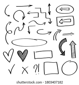 Arrows circles and abstract doodle set. Hand drawn vector illustration.