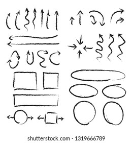 Arrows circles and abstract doodle writing, hand drawn design vector set