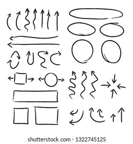 Arrows circles and abstract doodle writing, hand drawn design vector set