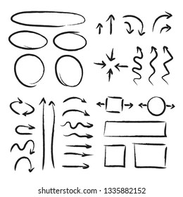 Arrows circles and abstract doodle writing, hand drawn design vector set