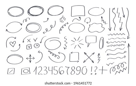 Arrows circles abstract shapes doodle hand drawn. Vector illustration isolated on white background. Digits heart exclamation mark question mark