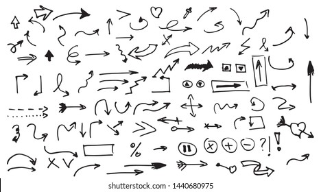 Arrows circles and hand-drawn icons. Isolated vector hand drawn arrows set.  Watercolor Doodle Vector.