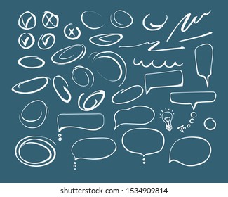 Arrows and circles, numbers and symbols, abstract doodle writing design, vector set on white and blue background. Stylish elements for design.