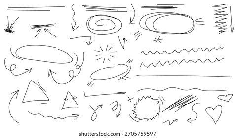 Setas, círculos e espirais, esboço preto e branco. Ilustração vetorial. Setas, cruzes, quadrados e corações são um desenho simples, isolado sobre um fundo branco