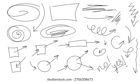 Arrows, circles and spirals, black and white sketch. Vector illustration. Arrows, crosses, squares and hearts are a simple drawing, isolated on a white background