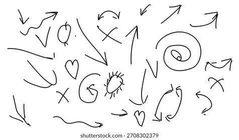 Flechas, círculos y espirales, dibujo en blanco y negro. Ilustración vectorial. Flechas, cruces, dibujo simple, aislado en un fondo blanco
