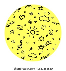 Arrows, circles, weather, music and abstract doodle writing design vector set
