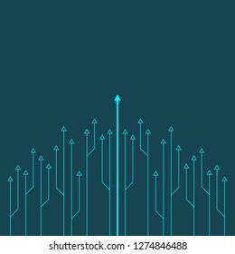 Up arrows circuit style on blue background illustration, copy space composition, business growth concept.