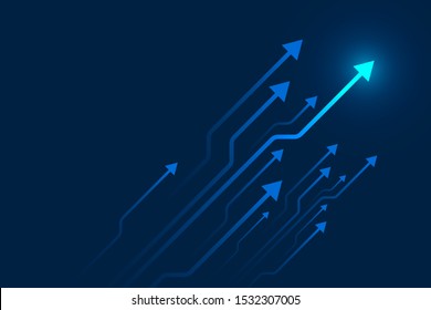 Up Arrows Circuit Style On Blue Background Illustration, Copy Space Composition, Digital Growth Concept.