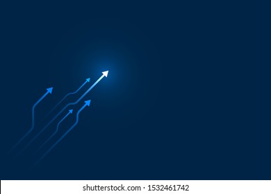 Up arrows circuit style on blue background illustration, copy space composition, digital growth concept.