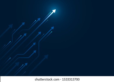 Up arrows circuit style on blue background illustration, copy space composition, digital growth concept.