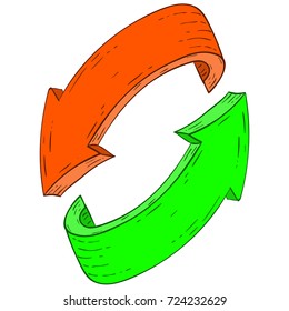 Arrows in circular motion. Green and orange hand drawn sketch. Vector illustration isolated on white background