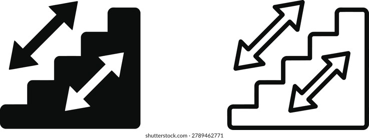 arrows climbing up and down icon design with black double chevrons and step shapes