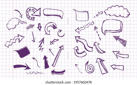 Arrows and clouds in a school notebook. Vector illustration