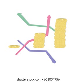 Arrows and coins growth chart isolated on white. Vector illustration.