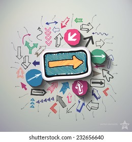 Arrows Collage With Icons Background. Vector Illustration