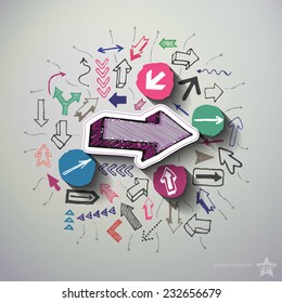 Arrows collage with icons background. Vector illustration