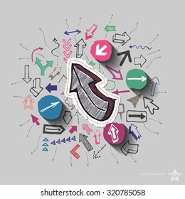 Arrows collage with icons background. Vector illustration