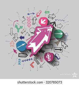 Arrows collage with icons background. Vector illustration
