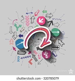 Arrows collage with icons background. Vector illustration