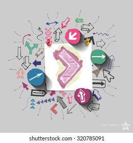Arrows collage with icons background. Vector illustration
