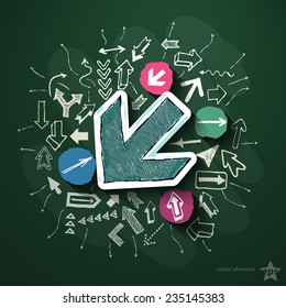Arrows collage with icons on blackboard. Vector illustration