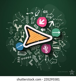 Arrows collage with icons on blackboard. Vector illustration