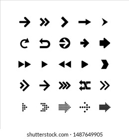 Arrows collection. Arrows big black set icons. Black arrow direction signs forward and down for navigation or web download button isolated vector narrow, right and recycle arrowhead symbols set