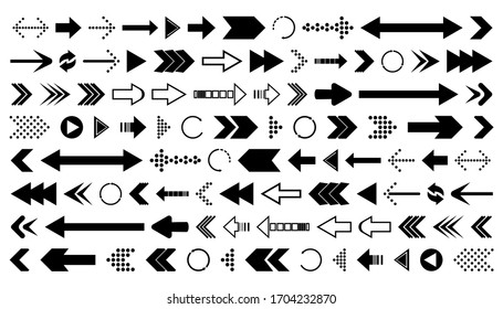 Arrows collection. Big set of Arrows Vector Icons. Arrow different shapes in modern simple flat style for web design.