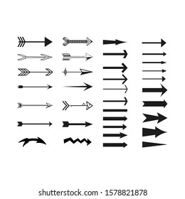 Arrows collection. Black arrow direction signs forward and down for navigation or web download button isolated vector narrow, right and recycle arrowhead symbols set. Vector illustration.